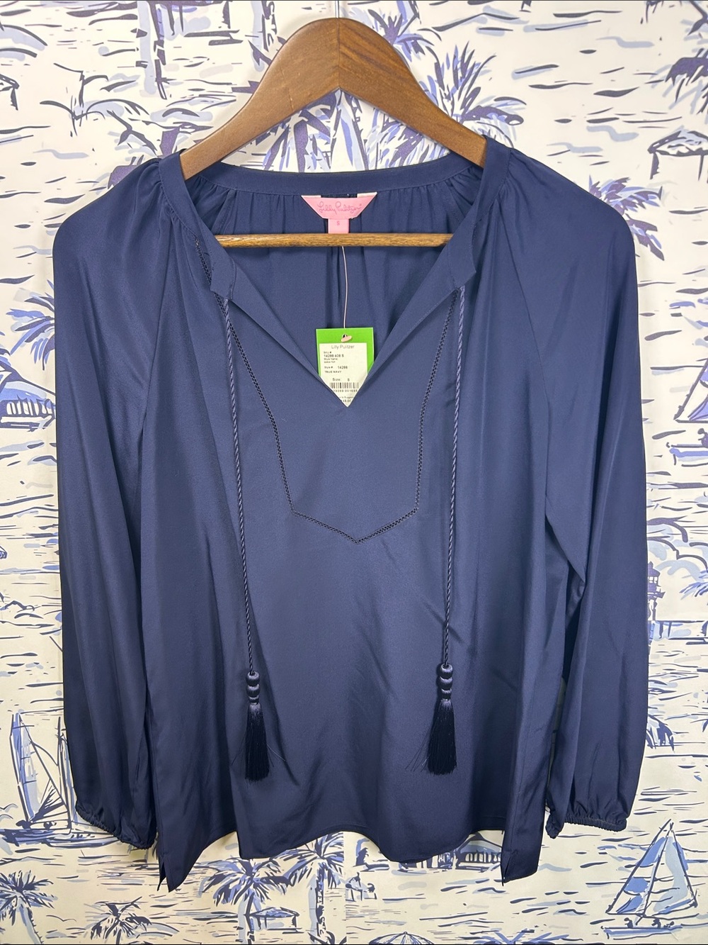 Lilly Pulitzer True Navy Tassel Tie Peasant Top